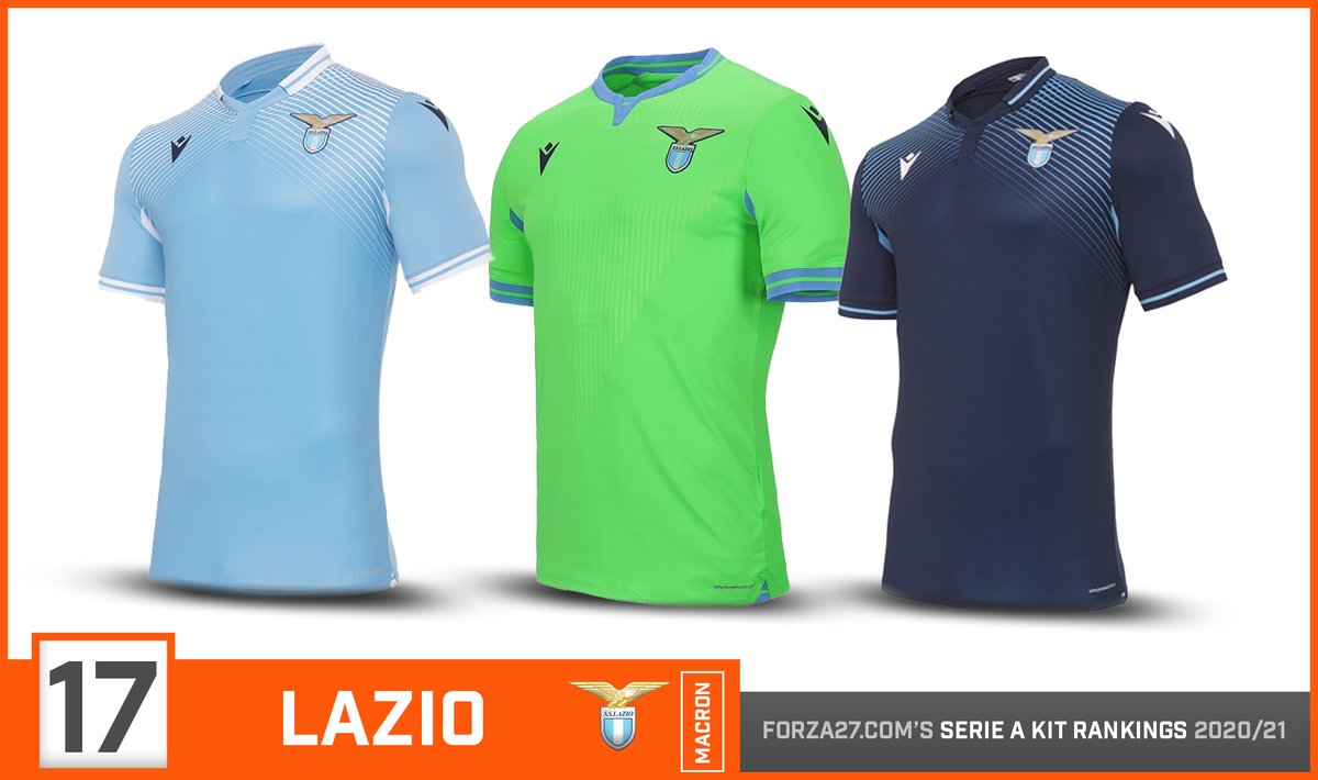 [17] Lazio (down 7)A big backward step from Lazio, as Macron introduce a rather dated angled striped pattern on a plain sky blue home & navy 3rd. A striking fluorescent green mixed with the sky blue on the away kit leaves a lasting impression in all the wrong ways.