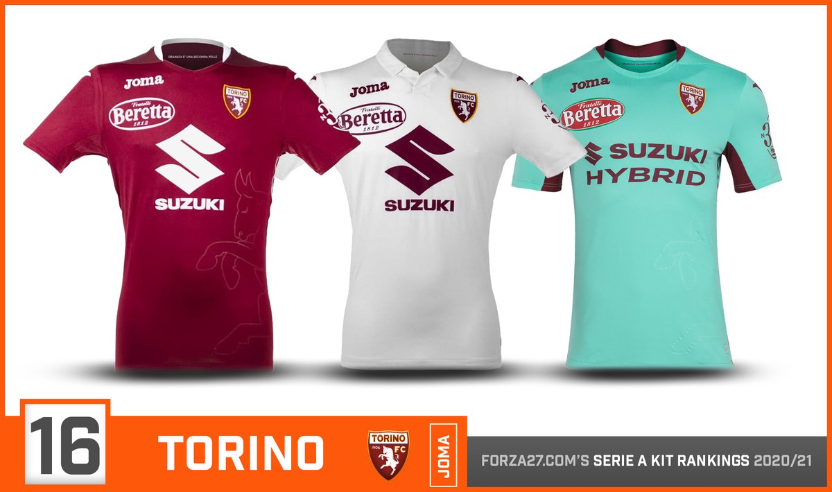 [16] Torino (up 4)An improvement for la Granata, who finished bottom of the pile last season. A more modern look on the home which has an embossed Toro graphic, while the white away really comes into its own with a stylish, clean look. A notable turquoise 3rd completes the set.
