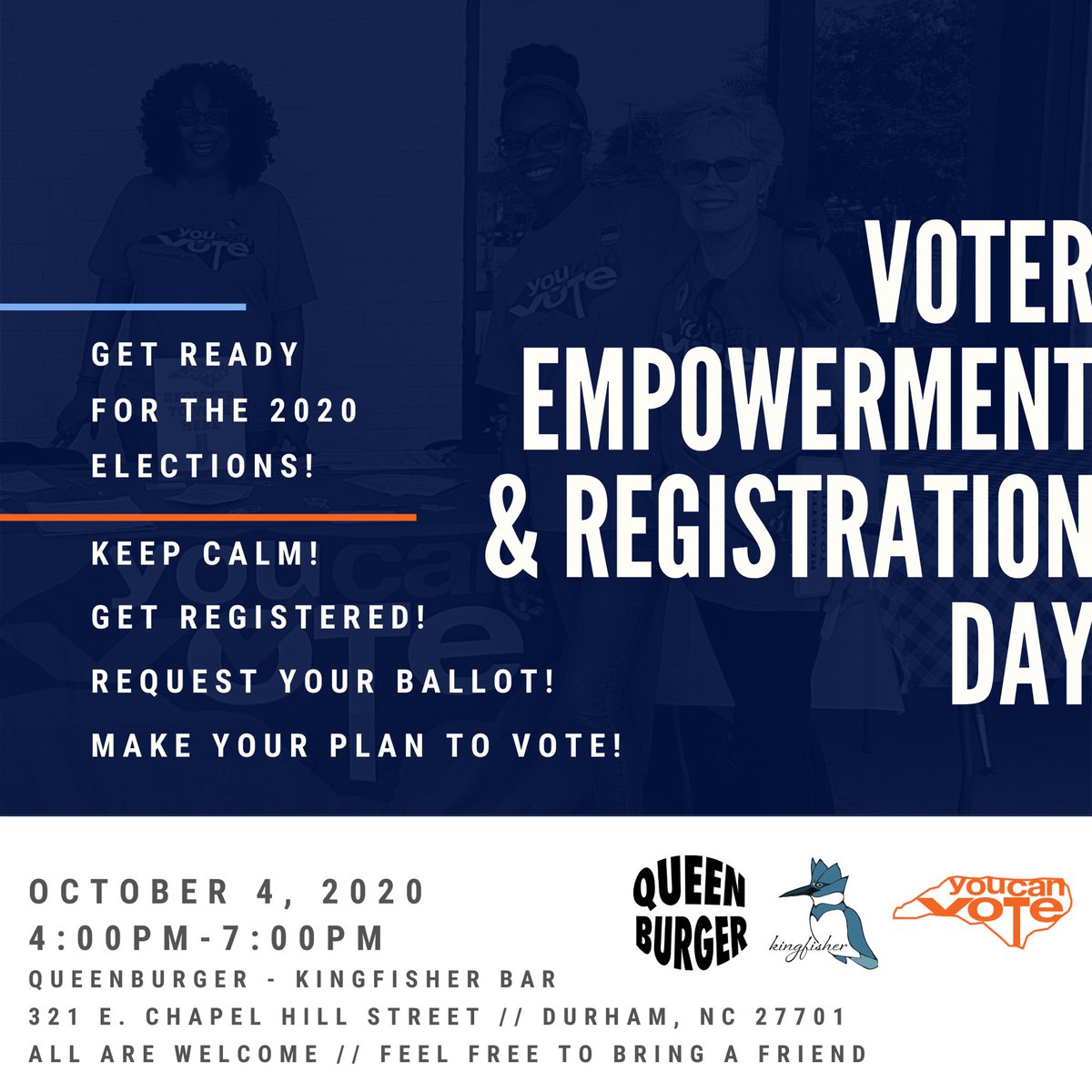 JOIN US at QueenBurger at <a href="/kingfisherdurm/">Kingfisher</a> today, Oct. 4th from 4PM to 7PM! @YouCanVoteNC is hosting a Voter Registration and Empowerment event! Grab a meal, grab a beer, get registered and request your absentee ballot. Get ready to #Vote2020! #OurVoicesOurVote