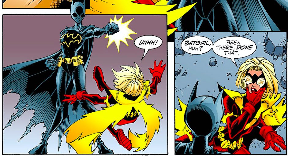 She and Cass briefly fight each other and it leads to the scene that I really want to talk about. The scene acknowledges Bette's history as Bat-Girl and sort of reinstates Bette's Bat-Girl tenure into canon.