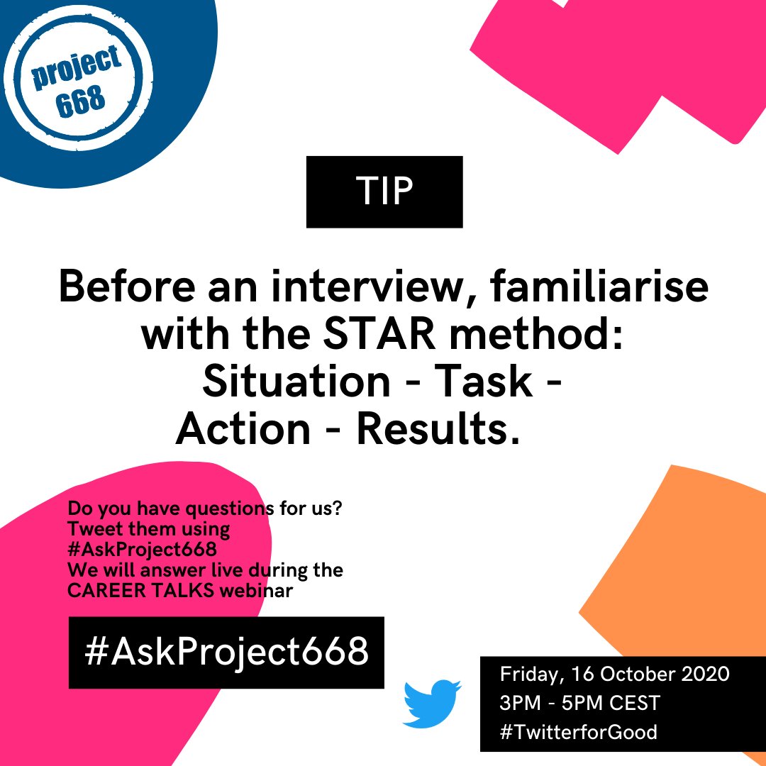 Project668's tweet photo. Are you a student or a recent graduate? Would you like to hear about the experience of Twitter professionals and get CV and interview tips? Ask your questions with the hashtag #AskProject668 &amp; join us for a session on 16/10 #TwitterForGood
Register 👉 https://t.co/VMsqrusziR https://t.co/dXWAamnfhs