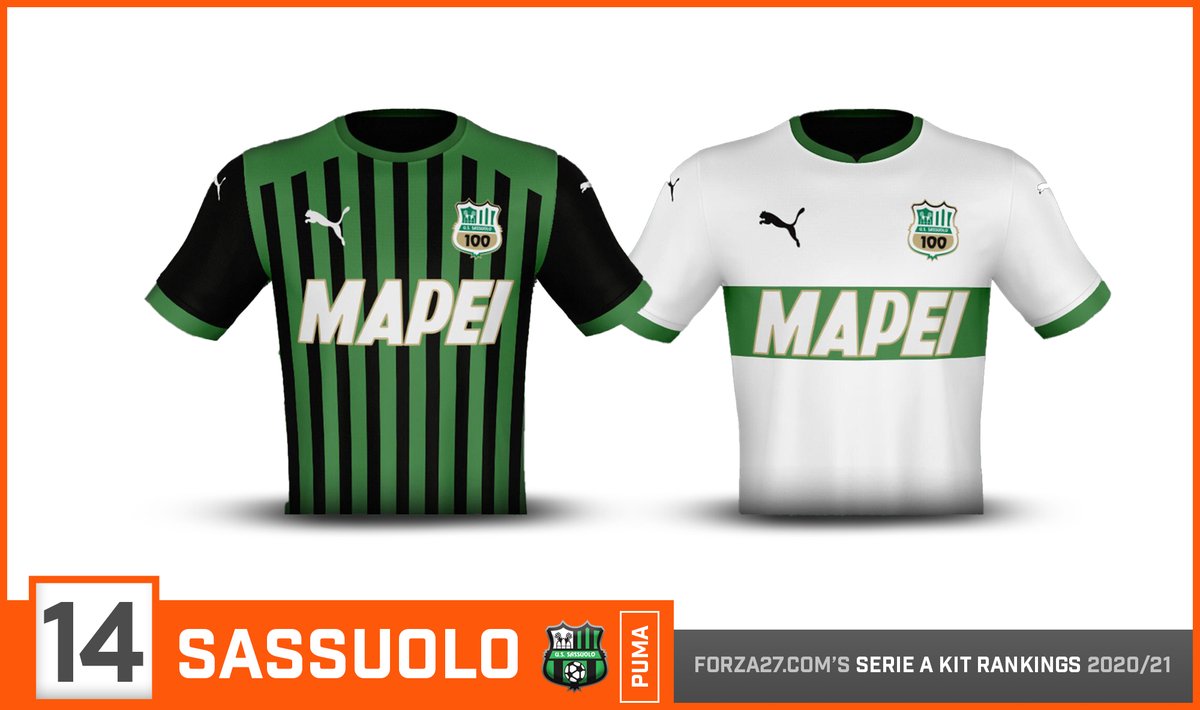 [14]  #Sassuolo (same)Sassuolo make the move to Puma, but still can't help but feel that green/black home should be stronger. Like last season, the white away makes up for it. Both use a new Centenary edition crest, marking 100 years of the club. 3rd still not released.
