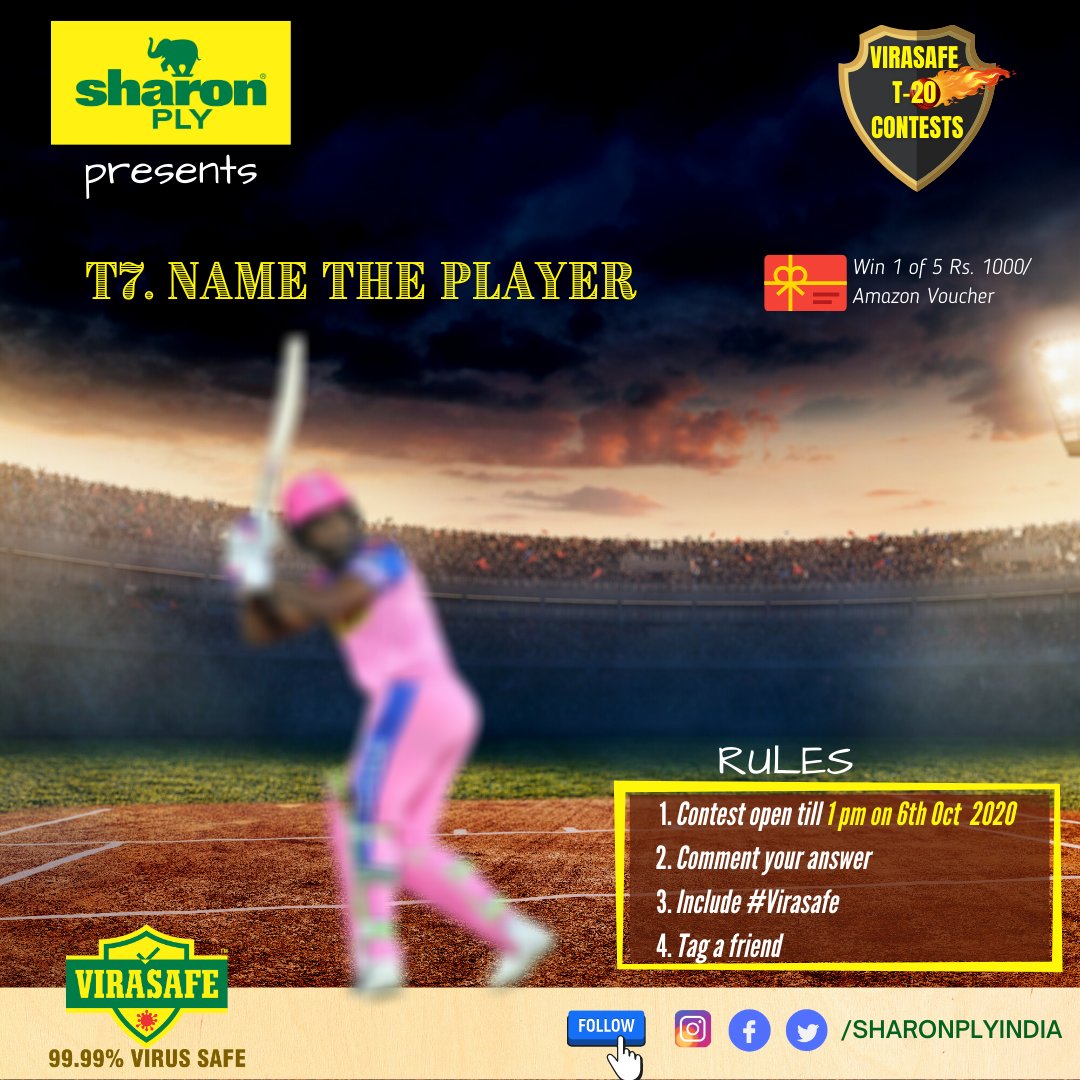 SharonPlyIndia's tweet photo. VIRASAFE T20 contest #T7
Lucky 5 will each win Rs 1000 Amazon voucher

Rules: 
https://t.co/bOQqbZf3EN the player (Record of youngest to score 50 broken by teammate)
2.Add #VIRASAFE and tag a friend
3.Contest open till 1 pm on 6 Oct 2020

@india4contests

 #ContestAlert https://t.co/oaZKznHdxT