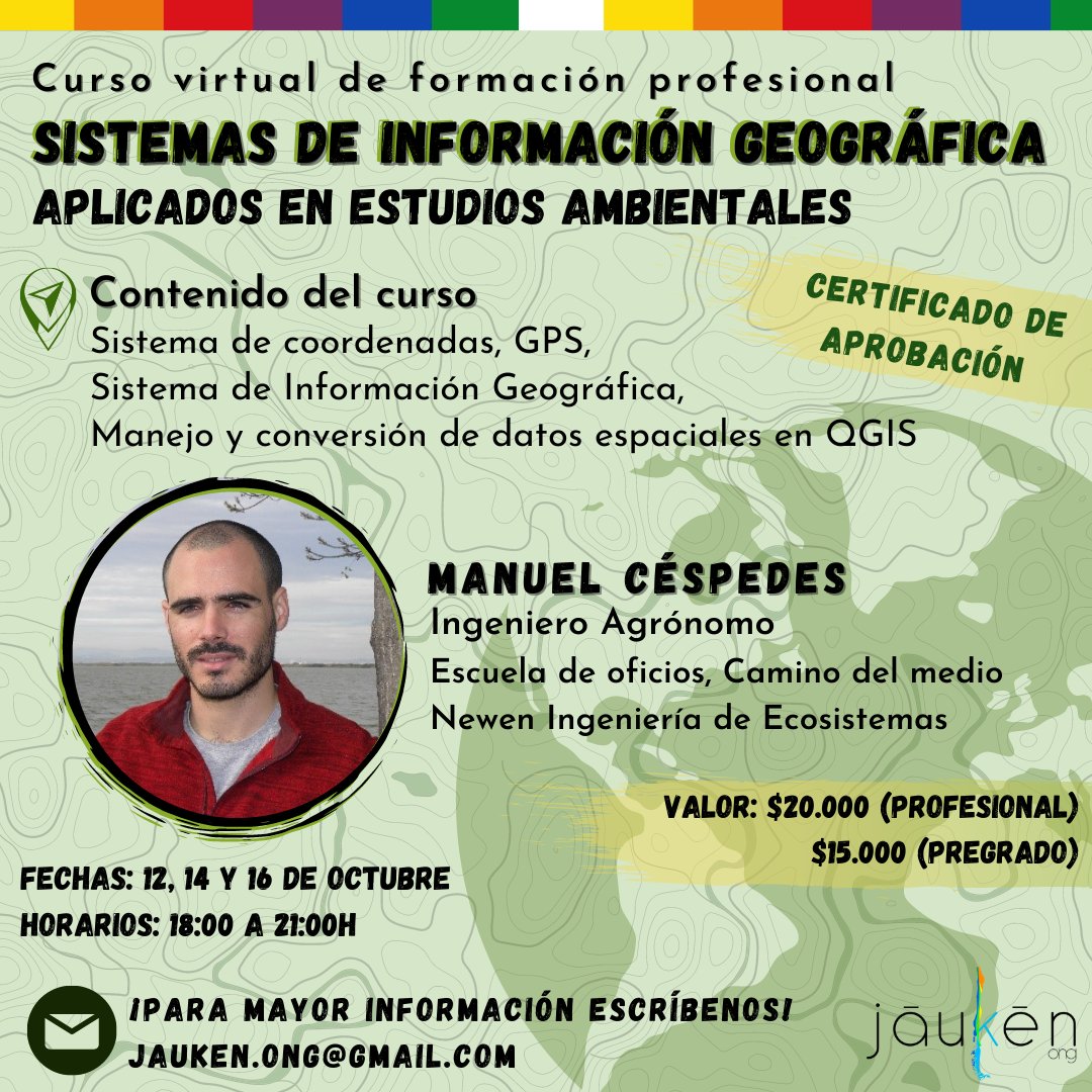 Les invitamos a ser parte de este increíble curso de Sistemas de Información Geográfica aplicados en estudios ambientales🌱 q será dictado los días 12, 14 y 16 de Octubre!!
•
Herramientas para la conservación al alcance de tod@s! No se pierdan esta oportunidad única!