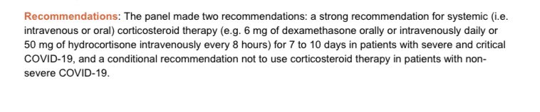 So Trump is now also receiving dexamethasone.  @WHO guidelines very clear that it is to be used only “in patients with severe and critical  #COVID19”. Guidelines incl. “conditional recommendation not to use corticosteroid therapy in patients with non-severe  #COVID19”.