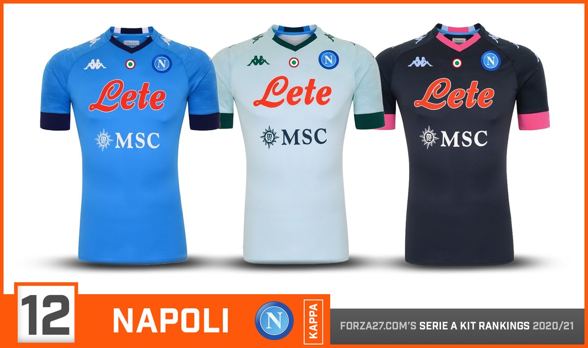 [12]  #Napoli (up 6)Napoli have become synonymous with Kappa's tight Kombat Pro templates, replicated here across all 3 kits, but the biggest talking point is the Lete sponsor losing the red box following a Serie A ruling. Still appears in red causing a big contrast on azzurri.