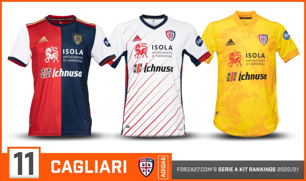 [11]  #Cagliari (up 2)A big move for ambitious Cagliari who team up with Adidas. The home is a mixed bag, with gold stripes, monochrome logos & white sleeves. A stylish white away has thin, angled lines, & a 3rd yellow. As always, those Cagliari sponsors give them a unique look.