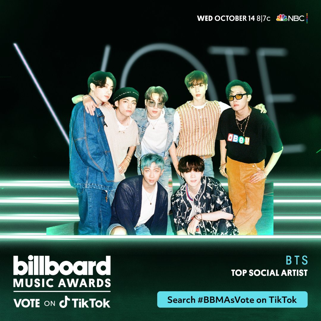 Cast your daily @BTS_twt Top Social Artist votes for 2020 #BBMAs via TikTok & the Billboard website!
โข https://t.co/nCfrFvutAX
โข https://t.co/Yjr3WbDJx9
- @BTS_twt -
#BTSARMY #JIN #RM #SUGA #JHOPE #jimin #V #JUNGKOOK #ARMY #BTS_OF_THE_DAY #ARMY_OF_THE_DAY #๋ฐฉํ์๋
๋จ #MBAO https://t.co/hq7bwkKeXk