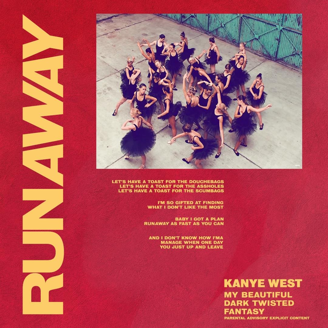 Runaway is a perplexing song when it comes to genres. It is classified as rap, but it feels classical and ancient, especially with its structure.Runaway is a triumph on its structure, sound design, topic matter, and historical significance. It also imitates life. (3/14)