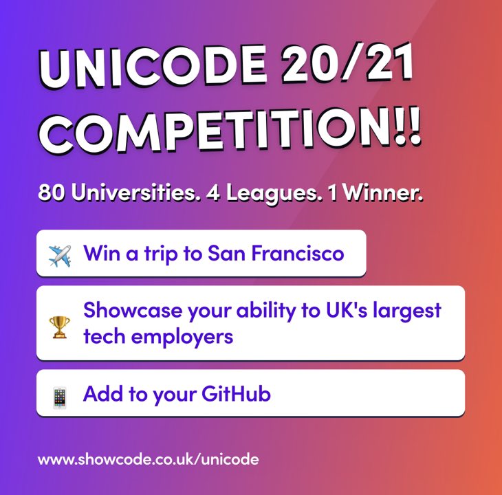 Take part in Unicode 20/21 and join Team Manchester for the chance to win a trip to San Francisco! It’s an online coding challenge league where you’ll go compete with rival universities in the bi-weekly fixtures, battling your way to the top. Register here showcode.io/unicode/