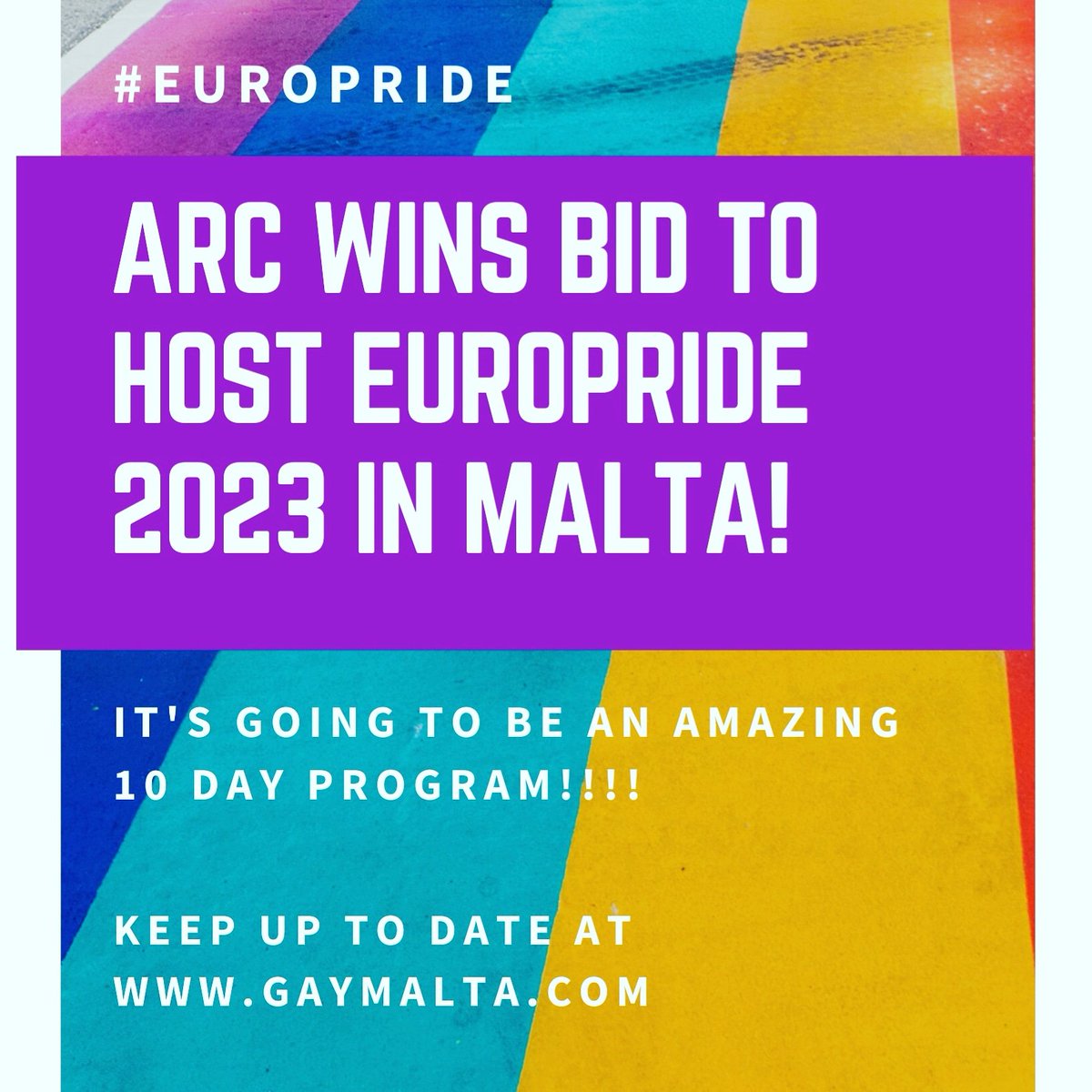 Congratulations to the Allied Rainbow Communities (ARC) for winning the bid to host EuroPride 2023.  That's big news and we are all here to support you! ARC - allied rainbow communities 
#europride2023 #europride #gaymalta #lgbtq #lgbt #malta #pride