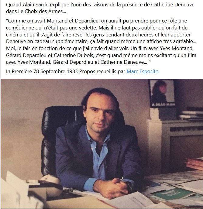 cliffhangertwit's tweet photo. Quand #AlainSarde explique l'une des raisons de la présence de #CatherineDeneuve dans #LeChoixdesArmes... In Première 78 Septembre 1983 https://t.co/Z9KyDC6Zso