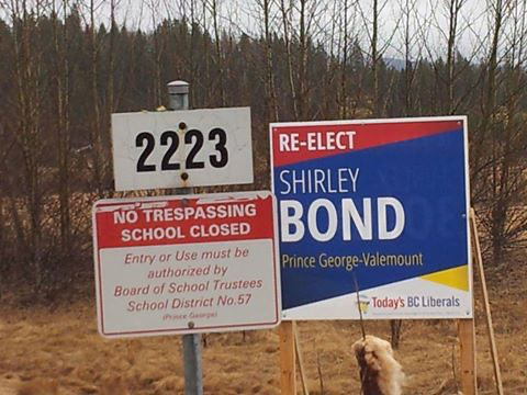 Contrast: the BC Liberals closed 267 schools from 2002 to 2017.  @shirleybond was Education Minister during this time … she even labelled her work with her 2017 re-election sign on the property of one of the 13 schools her government closed in  #cityofPG. (Exhibit A)3/