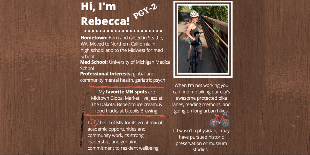 Halfway through another week! PGY-2 Rebecca will be preparing for psychiatry book club this weekend and might even find time to enjoy one of many great bike trails in the Twin Cities! 🚲 📖

#UMNPsychRes #umnpsychproud #PsychedForPsych #PsychTwitter