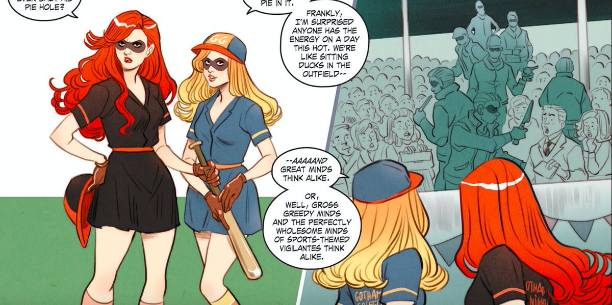 Bette debuts in #1 as a baseball player for the Gotham Griffins. I really like Bombshells Bette and Kate's relationship. It's healthier than the main universe one. They feel like equals.