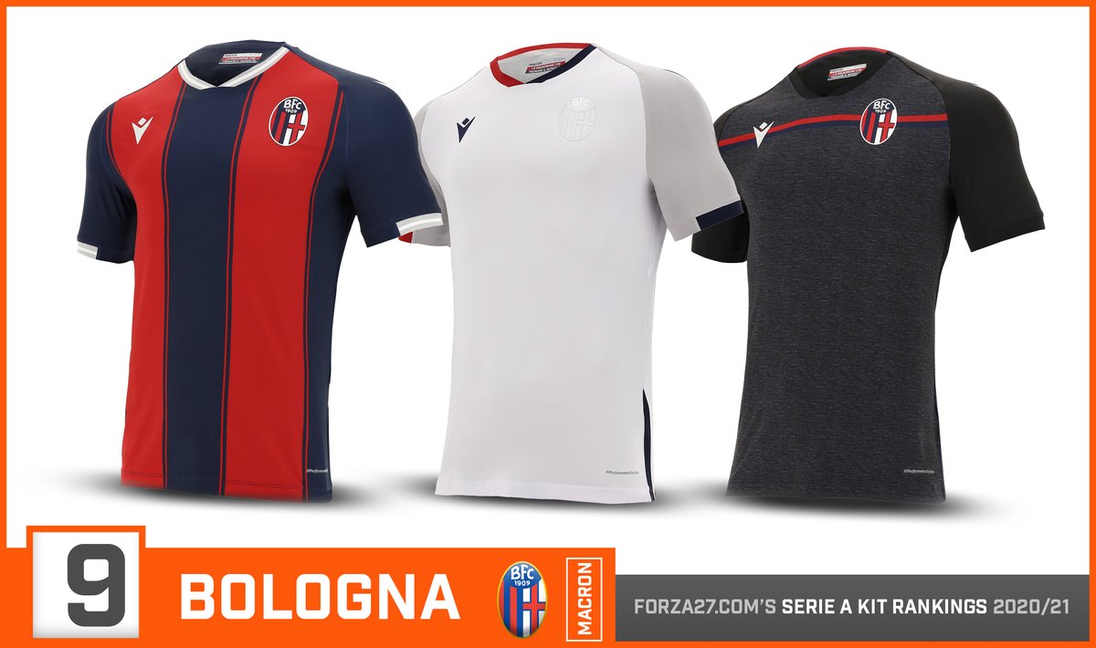 [9]  #Bologna (down 2)A traditional red & blue vertical striped home which never fails. The white & grey combo away is simple & clean, with Macron going for a more fashionable approach. The dark 3rd gives off strong training kit vibes.