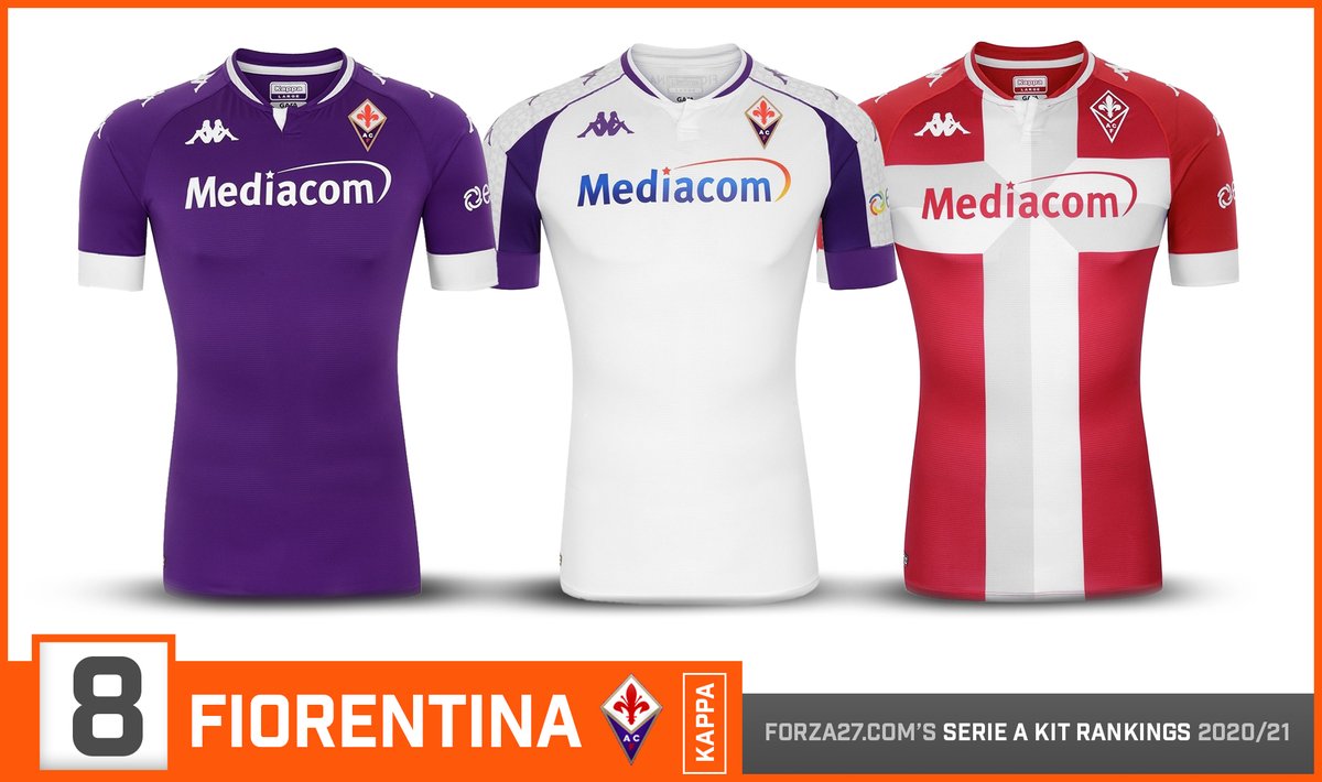 [8]  #Fiorentina (up 8)There was much anticipation after Fiorentina moved to Kappa. The home & away are stylish if unspectacular, with Kappa's Omini logo running down the sleeves. A striking red 3rd with the flag of the Florentine Republic down the middle is the best of bunch.