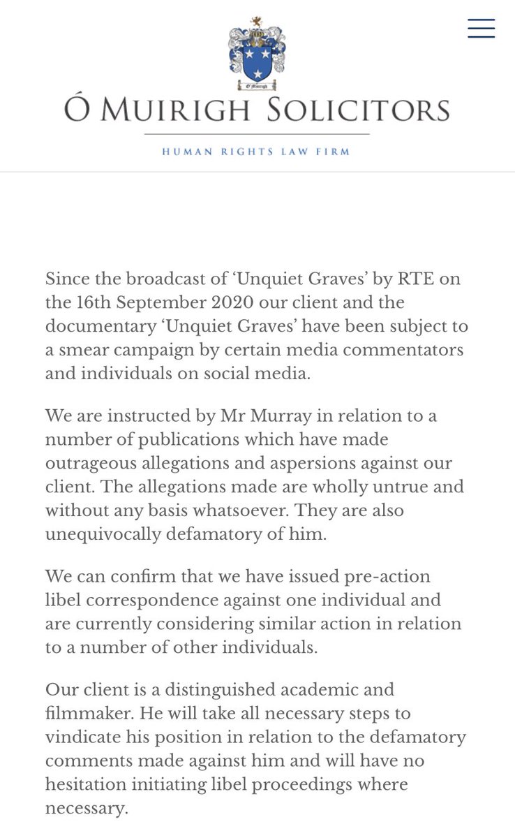 Statement from my legal team on the scurrilous and defamatory language from some since the RTÉ screening of Unquiet Graves