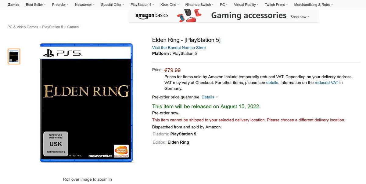 PlayerInside's tweet image. Ah, 15 agosto 2022 secondo Amazon per #eldenring
Se fosse vero, ci sarebbe tanto da aspettare... Troppo? Che ne dite?
PS: data non ufficiale e non confermata, ma... eh!