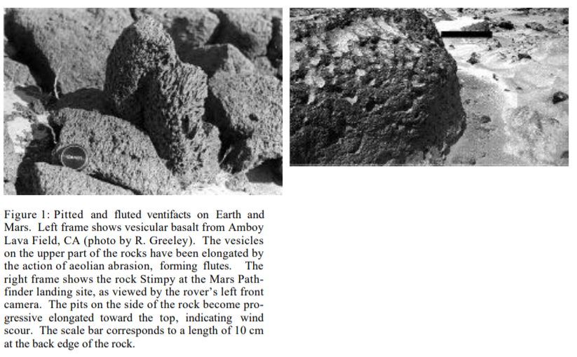 Day 4  #Rocktober -  #VentifactA ventifact is a rock shaped by wind rather than water, humans, etc. You see them in arid areas, like, oh, Mars, where winds reach up to 60mph and there is not a lot of protection against it.Below image from  https://mars.nasa.gov/mgs/sci/fifthconf99/6152.pdf