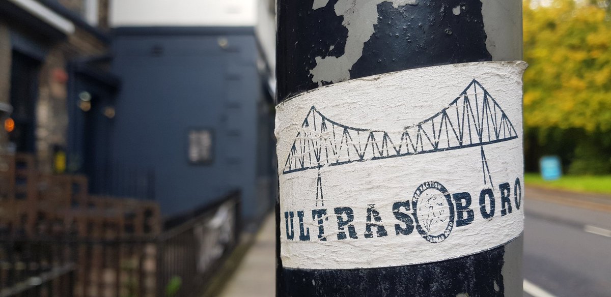 The Tees Transporter Bridge (aka Middlesbrough Transporter Bridge) features on this Red Faction Ultras Boro sticker, near the North Terrace pub, Claremont Road, Newcastle...