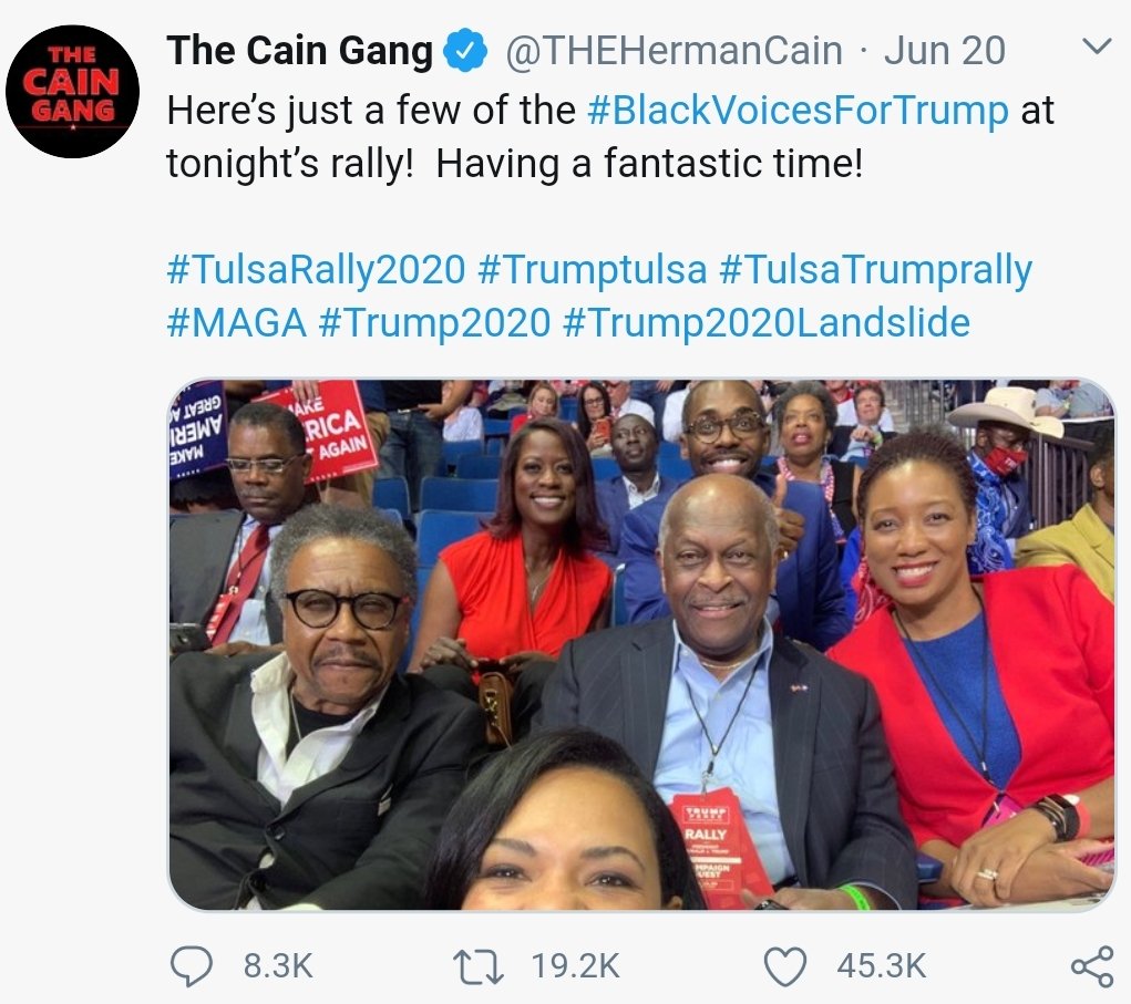 Given where we are now-- Day 3 of  @realDonaldTrump in the hospital, infected with COVID-19-- it's worth a look back at the timeline of what happened with Herman Cain.June 20th: attends Trump rally in Tulsa. No mask.