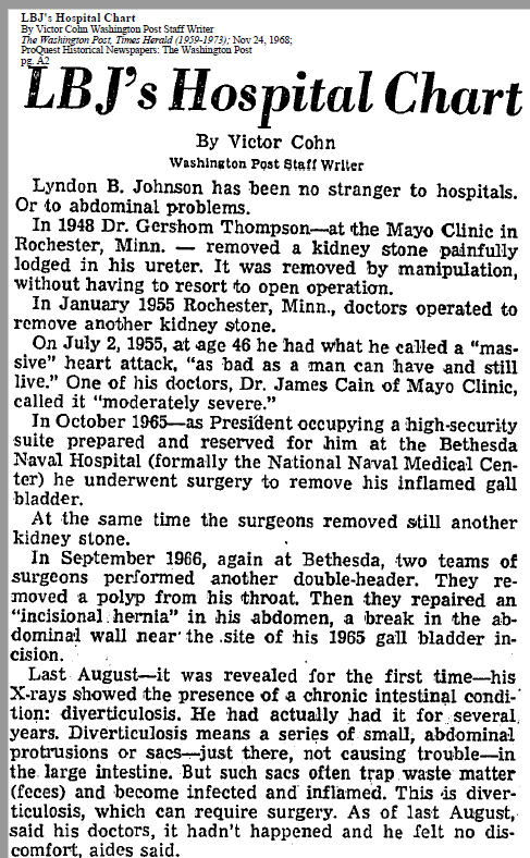 4/ AP 12.18.1968, when POTUS Johnson, who had “a history of bronchial difficulties” & a “moderately severe” 1955 heart attack (WP 11/24/68), was admitted to Bethesda Naval Hospital during H3N2 flu pandemic with “low grade fever (100-101 F) & a chest cold”  https://www.newspapers.com/image/529383559 
