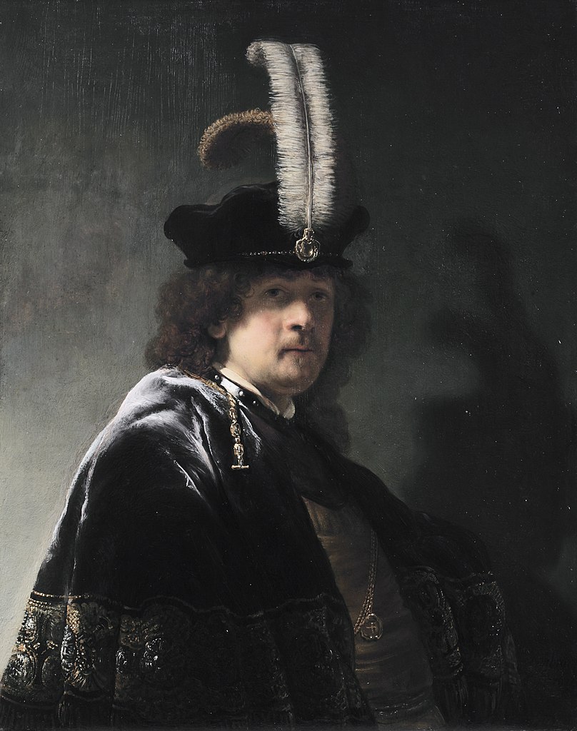 SP Wearing a Feathered Bonnet (1635):  #nationaltrustcollections notes the artist’s “jewelled beret has elegant golden & white plumes, attached theatrically ...He is ...in a starkly-lit studio & his shadow with the feathers is playfully depicted on the wall... #OTD#Rembrandt