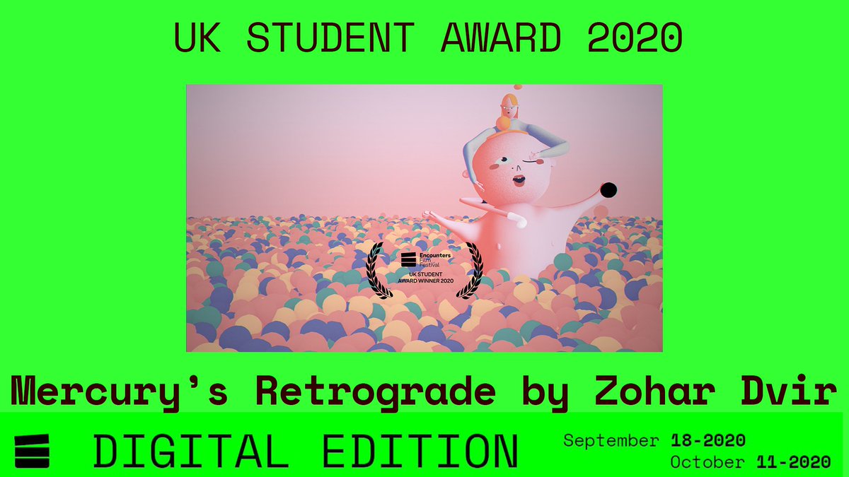 EncountersSFF's tweet photo. This year's UK Student Award goes to Mercury's Retrograde directed by Zohar Dvir!
Congratulations to Zohar and everyone who worked on this film 💚! #encounters2020 https://t.co/gcm3k6T19l