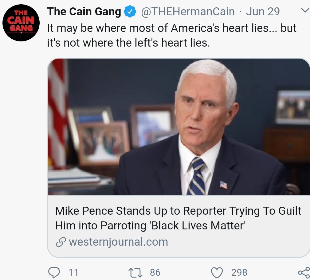 June 29th: Cain celebrates Mike Pence refusing to say that "Black Lives Matter."