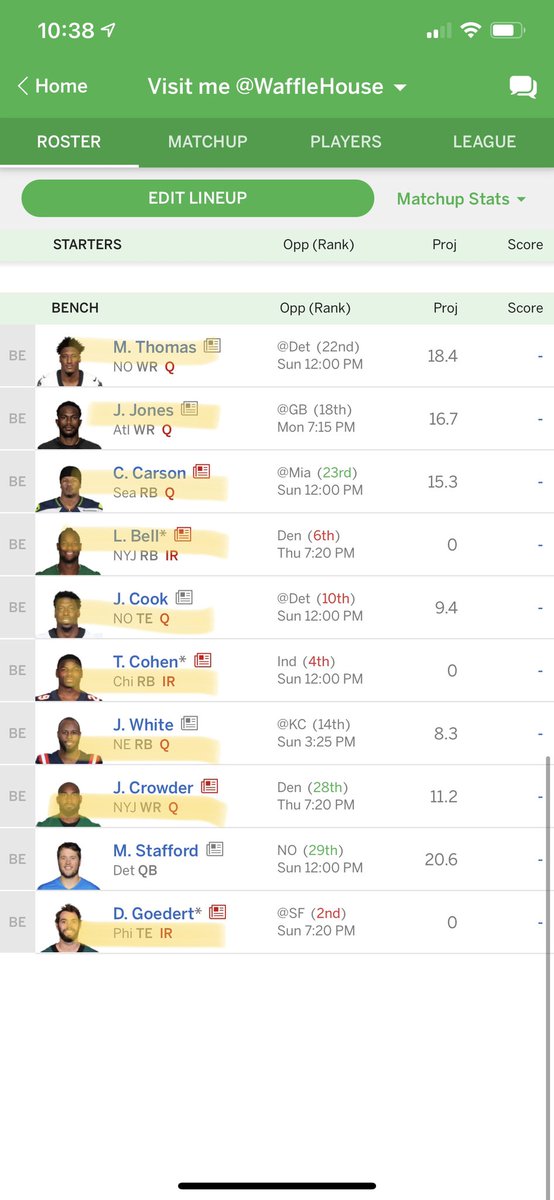 EricaSherm's tweet photo. @FFFpod There’s no fixing my team. I’m doomed this year https://t.co/fGNKnphECg
