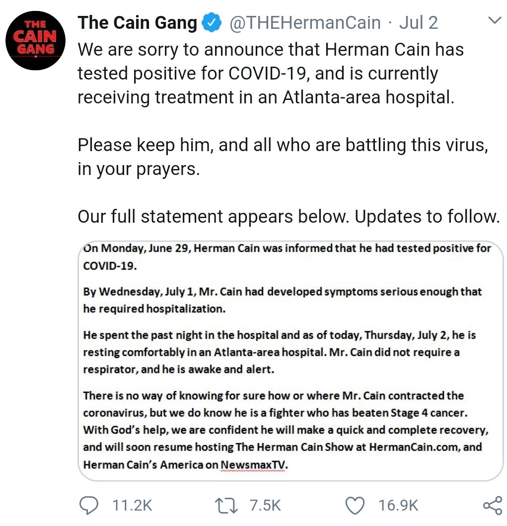 July 2nd: Cain tests positive for COVID-19.