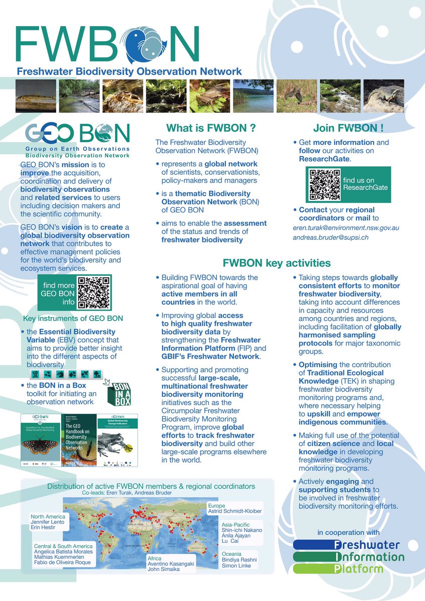 Freshwater biodiversity observation network is here <a href="/FWBON1/">FWBON</a> 🎉 As part of <a href="/GEOBON_org/">GEO BON</a> we are an interdisciplinary network with global membership developing concepts and approaches for regional and global assessments of status and trends in  #freshwater #biodiversity Have a look👇