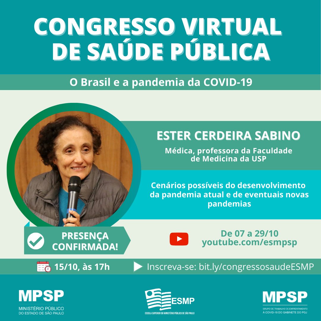 esmpsp's tweet photo. Também participa Ester Sabino @estercsabino, médica, professora da Faculdade de Medicina da USP. Inscreva-se neste painel: https://t.co/l9DSIJGdxy

#FiqueEmCasa #CongressoSaúdeMPSP #CongressoVirtual #SaúdePública #Covid19 #Coronavírus #Pandemia https://t.co/iMgjm5Yzxl