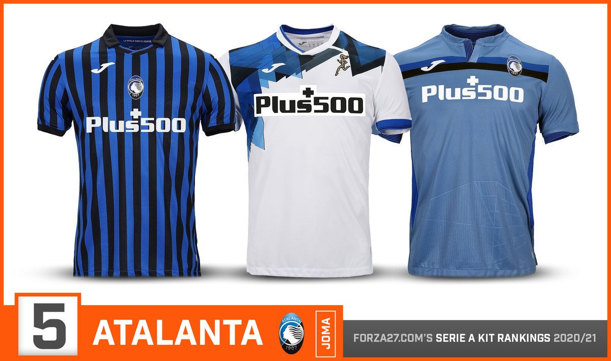 [5]  #Atalanta (down 3)A return to thinner stripes marks a big improvement for Atalanta's home by Joma, which has a more traditional, classic look. Another unique design on the away, if not as nice as last seasons. The 3rd features an embossed print of the Gewiss Stadium.