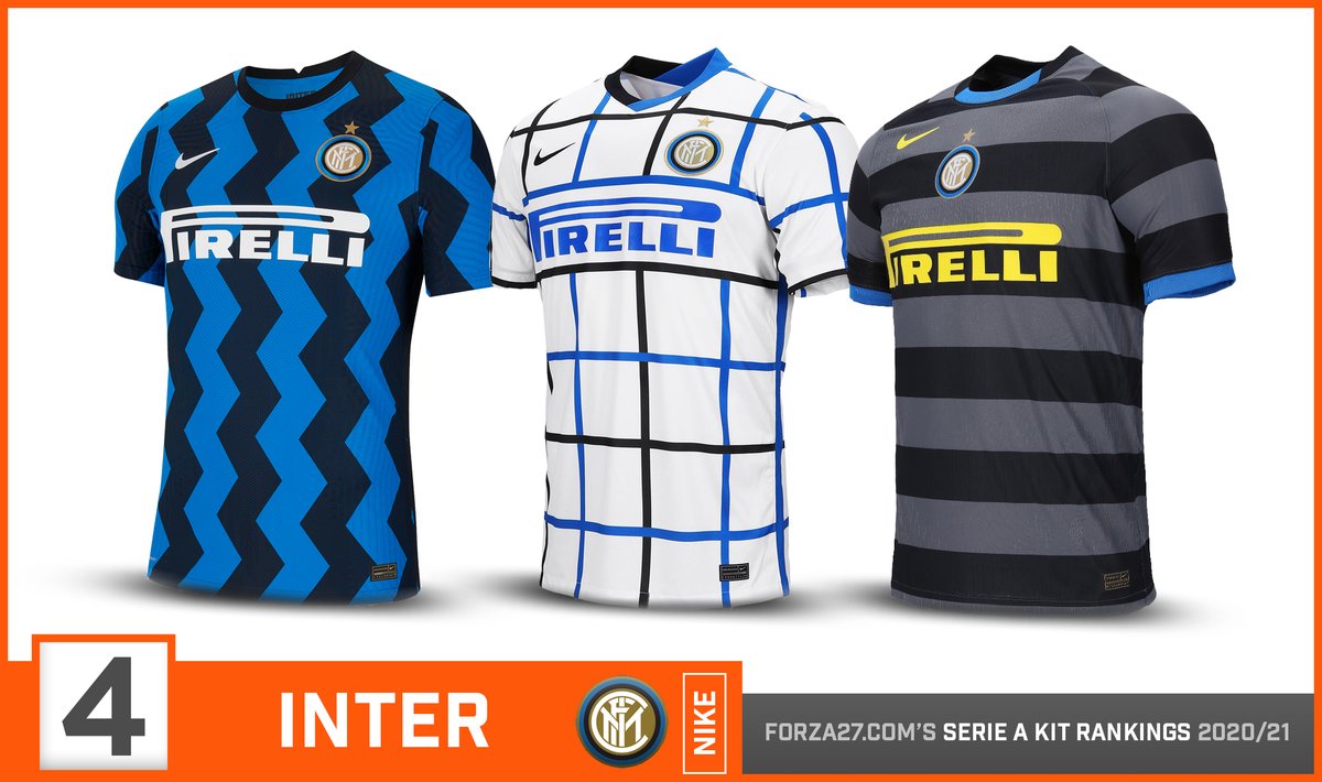 [4]  #Inter (down 1)Pop style, zigzag waves, il Biscione. Whatever you prefer, Inter's home has certainly made an impression. The 'tablecloth' away grows on you, but it's nice to see more creativity from Nike. 3rd follows Nike retro range, replicating that classic dark 97/98 kit.