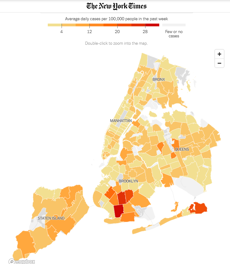 Cases are high in some New York boroughs. Up to 216 cases per 100,000 per week. But school closures are also being implemented in areas with 89 cases per 100,000 (source: NYT  https://www.nytimes.com/interactive/2020/nyregion/new-york-city-coronavirus-cases.html )