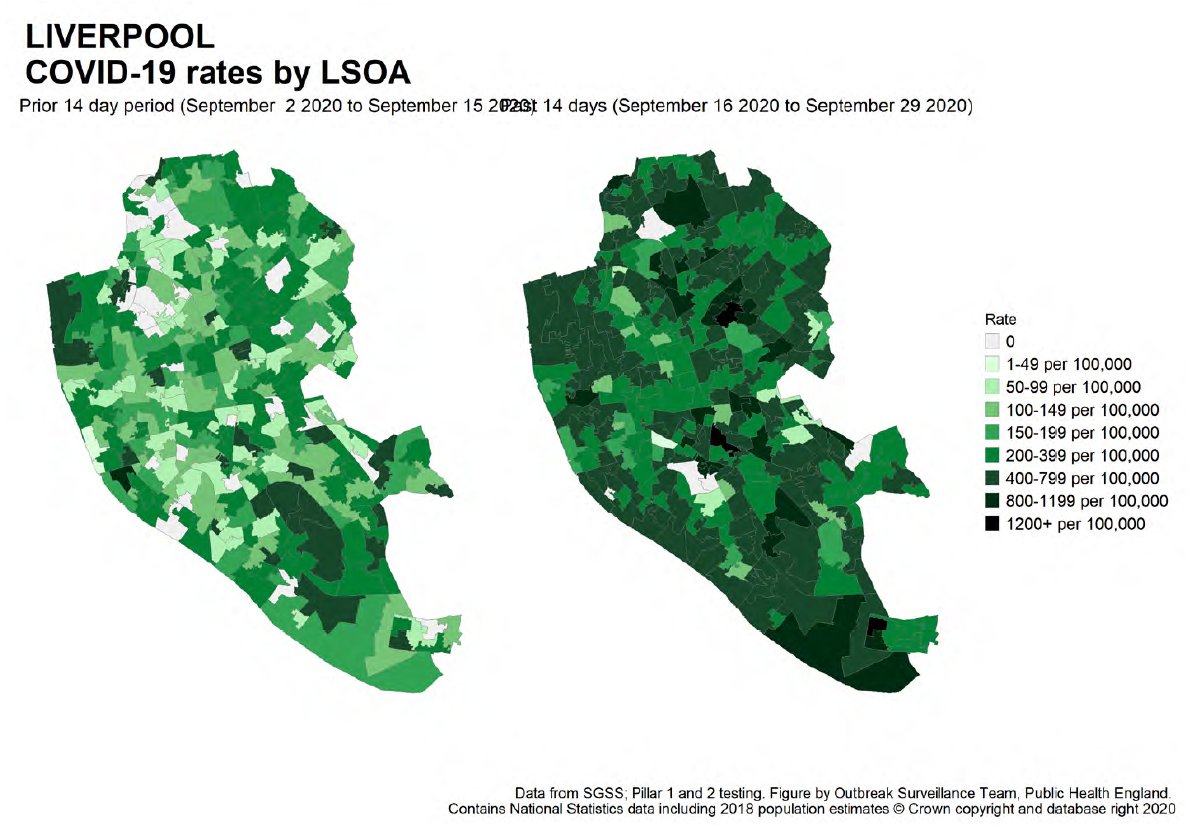 Let's look a little deeper into Liverpool. Here's the map. We can see some areas with incidence in excess of *1200* cases per 100,000. That's very high. And don't forget this is *detected* cases. The number of cases will be much higher.