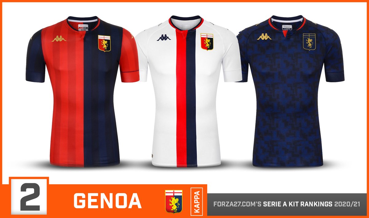 [2]  #Genoa (up 2)Consistently brilliant from Kappa, this is probably as strong a trio you could get. Almost. The classic half & half home is matched up cleverly with a double striped away, which has Kappa's trademark Omini down the sleeves. A stylish dark 3rd completes the set.