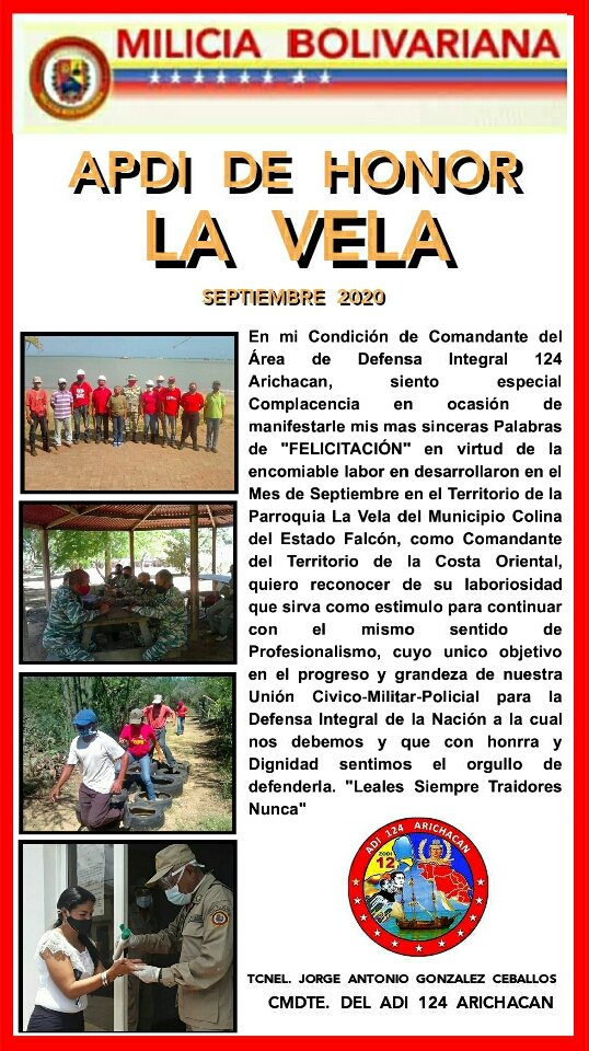 APDILAVELACOLI1's tweet photo. Nuestro 124 @arichacan  ADI de Honor del estado Falcon.
Nuestra APDI La Vela APDI de honor del 124 ADI.
Humildes pero con mucho orgullo, aceptamos esta designación, que mas que premio es un compromiso para continuar y mejorar. #PorAmorAChavez 
@arichacan 
@MILICIAFALCON1 https://t.co/RR844vBTev