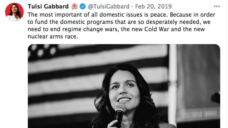 Then in Jan 2019 Tulsi declared her candidacy for President. At once, high level Dems & media figures pounced with gonzo attacks, morally associating her with the KKK, treason & a host of leaders with whom she engaged in diplomacy.However, Tulsi remained focused on her mission.
