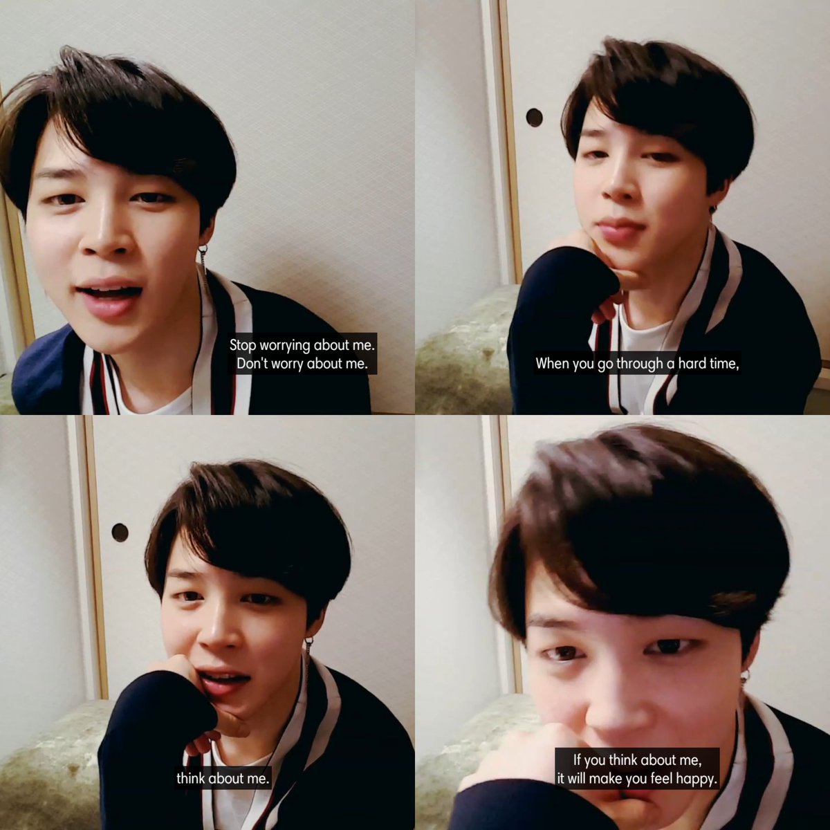 To all those questions, Jimin replied,"Don't worry about me, worry about yourselves too. If you're having a hard time, think of me. You'll become happy when you think of me." In fact, he even did a 40 mins live for his absence in Graham Norton Show. ++
