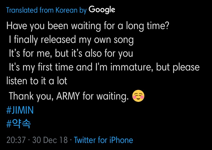 On 30th December, 2018 Jimin released 'Promise'. Right after he attached another tweet, check it out : ++