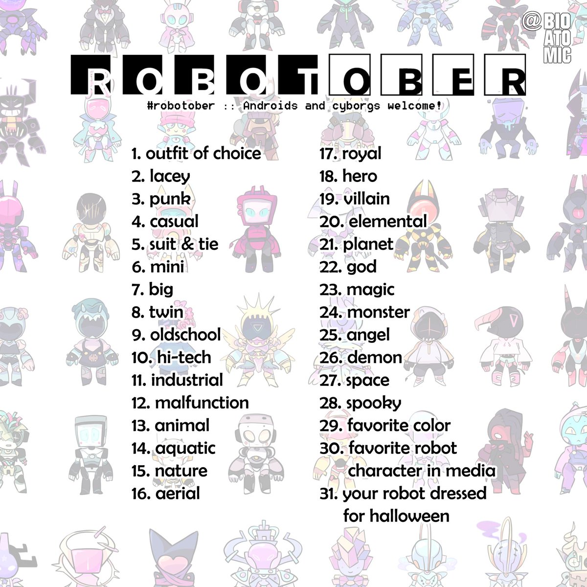 bioatomic's tweet image. Even I am late to my own game ;; But here&apos;s the robot theme prompt! It doesn&apos;t even have to be a different robot for each. No right or wrong way to draw robot, go at your own pace, &amp;amp; have fun! #drawtober2020  #robotober