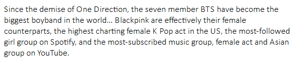 . @neil_mccormick Women are not the counterparts of men. They are their own people with their own achievements (as you noted) and it would be nice if journalists would decide not to start every article about Blackpink by talking about men.
