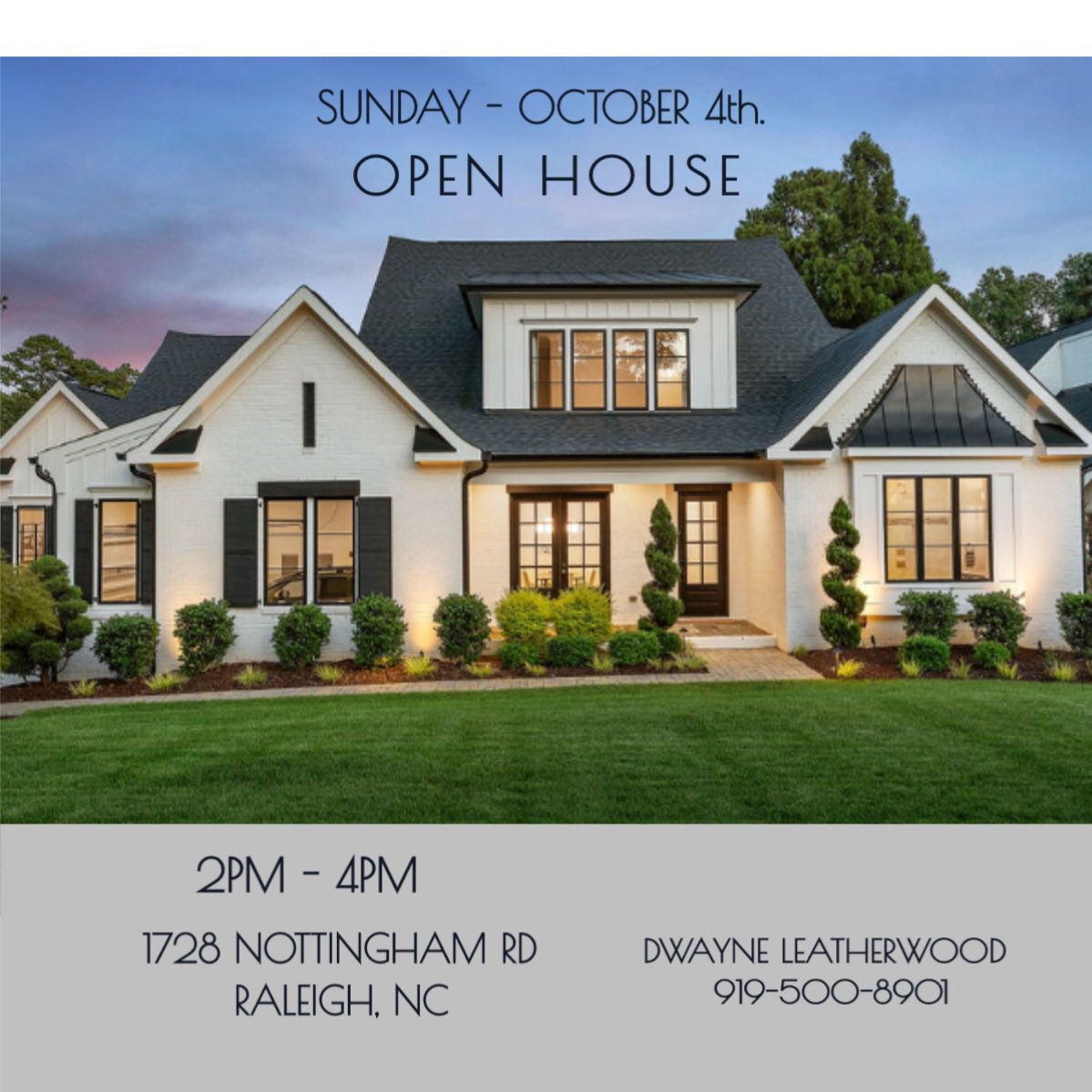 Open House!
Sunday • October 4th
2-4pm
1728 Nottingham Rd.
Raleigh, NC 
7,668 Sq. Ft. • 7 Bedrooms, 7.5 Baths.  $2,150,000
I would love to show you this amazing home located in highly desirable Budleigh. 
919-500-8901 
#eradistinctiveproperties #dwayneleatherwoodrealestate