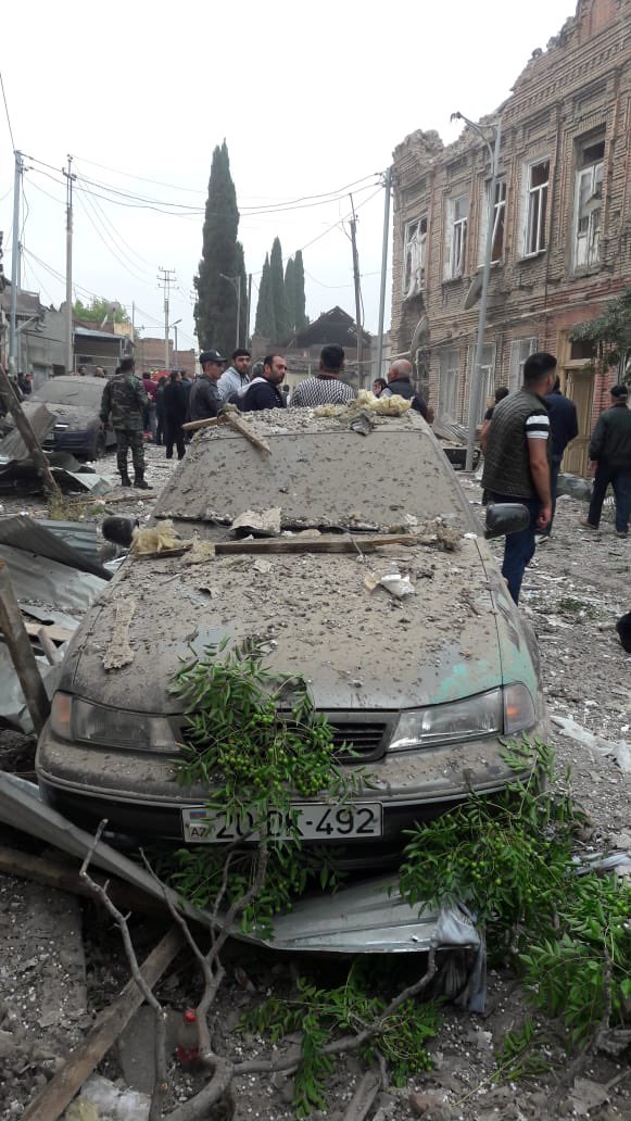 tw // bomb , deathon october 4th, 1 civilian got killed and 4 civilians got injured as the result of the missile strike by the Armenian army on dense residential areas of Ganja, the 2nd largest city of Azerbaijan, 60 km away from the Armenian border, which also damaged houses