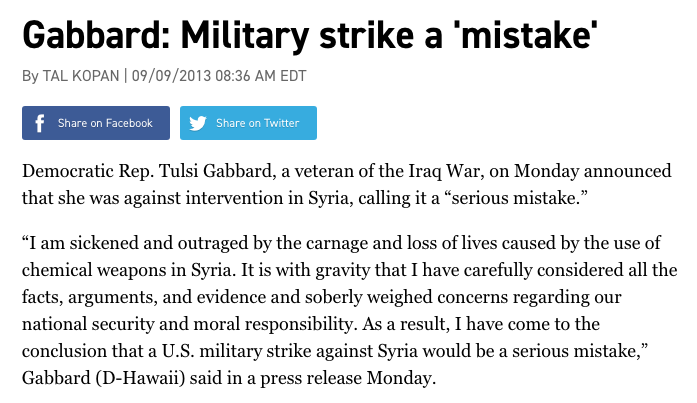 In 2017, Tulsi's antagonists used her position on Syria to claim she was delusional, refer to her as a disgrace, & call for her to be "primaried." This despite the fact that her principled views had been formed & explained years earlier.