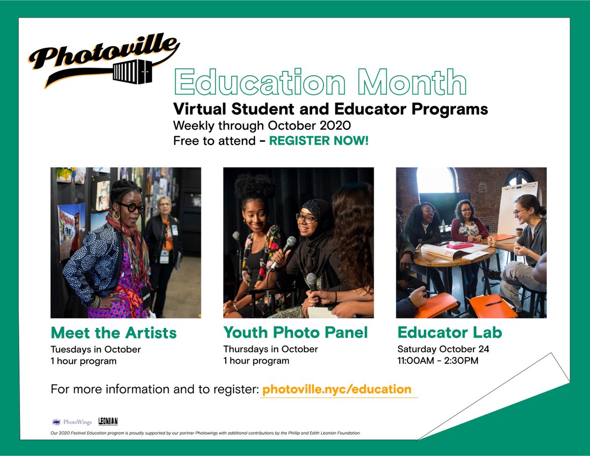 photoville's tweet photo. Educators & Students, seats are filling quickly for #Photoville2020's Meet the Artists virtual field trip happening each Tuesday this month. Slots for these hourlong, FREE sessions are available Oct. 13th & 20th at 10 AM & 3 PM (EST).
Nab your spot 👉🏾 : https://t.co/A2QXuWFJJm https://t.co/HTcw1dJBZK