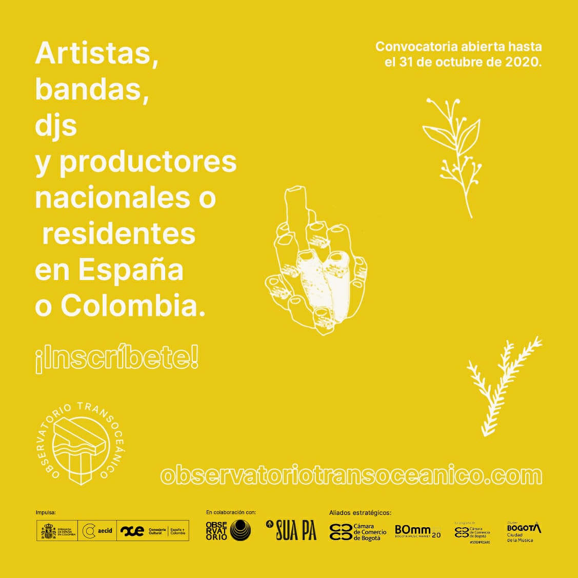 🎷🎼¡#Atención genios de la música: productores, artistas, sellos, festivales, djs!

El Observatorio Transoceánico abre esta convocatoria que les puede interesar y estará disponible hasta el 31 de octubre.

Toda la información está disponible aquí:

bit.ly/3jmp8yh